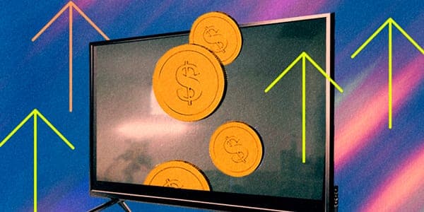 A flat-screen TV with gold dollar coins floating out of its screen, surrounded by yellow and orange upward arrows on a blue-purple background.