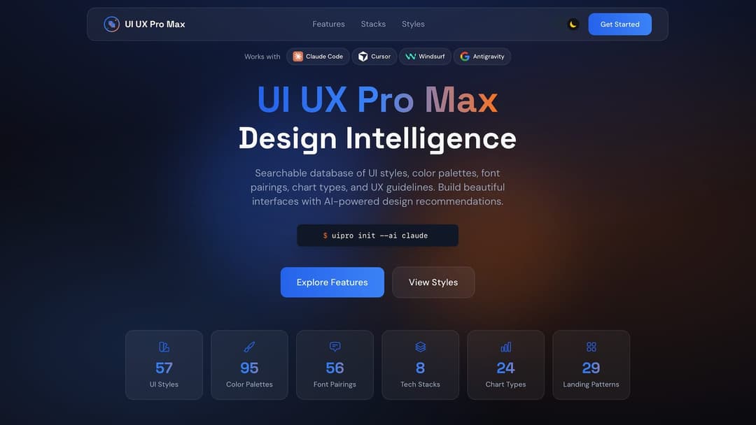 The image presents a website for UI Pro Max, a design intelligence tool. The website is primarily dark blue and black, with a gradient effect transitioning from dark blue to black. The top of the page features a navigation bar with a search bar, a "Get Started" button, and a "UI Pro Max" button. The search bar is label