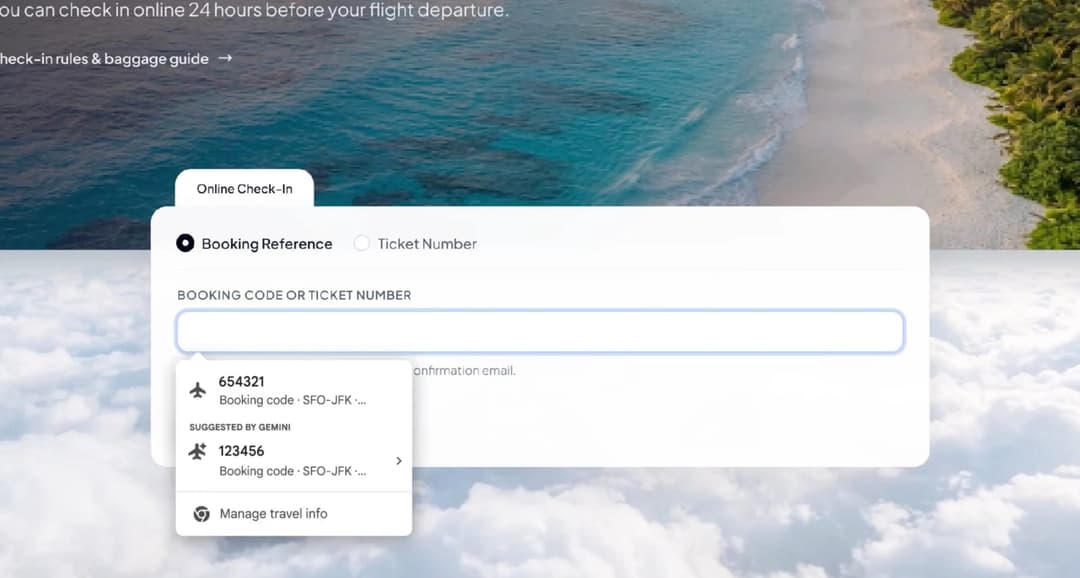 An airline online check-in form titled "Online Check-In" with "Booking Reference" selected and a "BOOKING CODE OR TICKET NUMBER" field, showing autocomplete suggestions "654321" and "123456" (labeled "Suggested by Gemini") and a "Manage travel info" option. The form sits over a tropical beach and clouds, with partial t