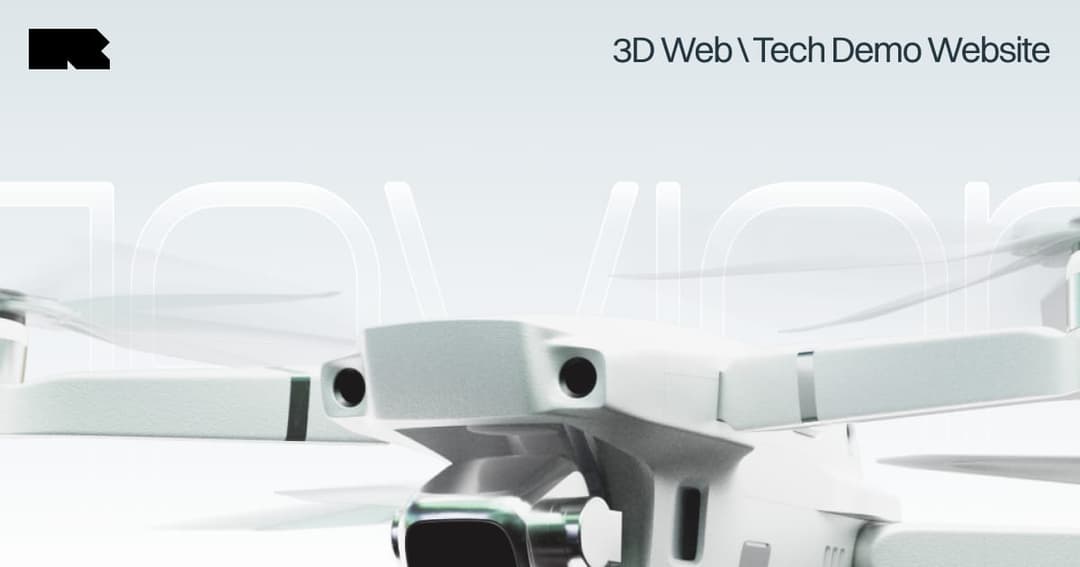 The image presents a 3D rendering of a white drone with four propellers, set against a light blue background. The drone's body is primarily white with a subtle texture, and it has a black camera lens at the front. The drone is positioned slightly off-center, facing towards the right side of the image. The drone's desig