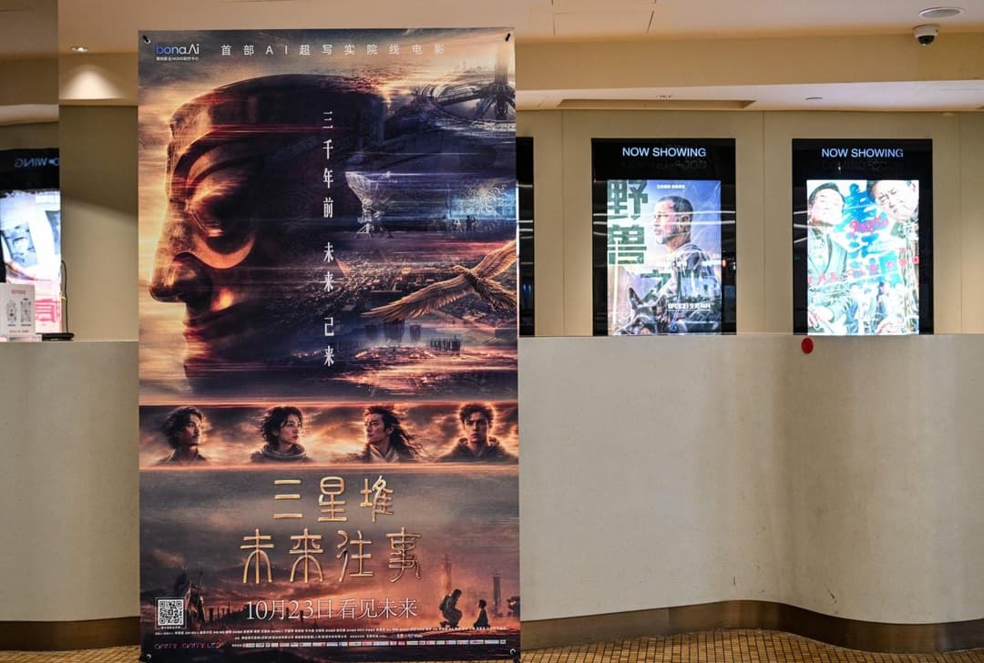 A tall promotional banner for the Chinese film 三星堆 未来注事 ("Sanxingdui: Future Past") stands in a cinema lobby beside two "NOW SHOWING" light boxes. The banner carries the bona.AI logo, the text "首部AI超写实院线电影" ("first AI hyperrealistic theatrical film"), and "10月23日看见未来" ("See the future on October 23").