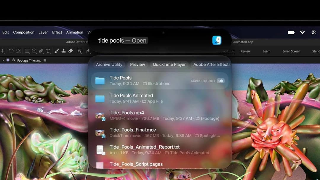 A macOS Spotlight search for "tide pools" overlays an Adobe After Effects window, with results including the folders "Tide Pools" and "Tide Pools Animated" and files such as Tide_Pools.mp4 and Tide_Pools_Final.mov. The background shows a colorful stylized illustration of sea creatures.