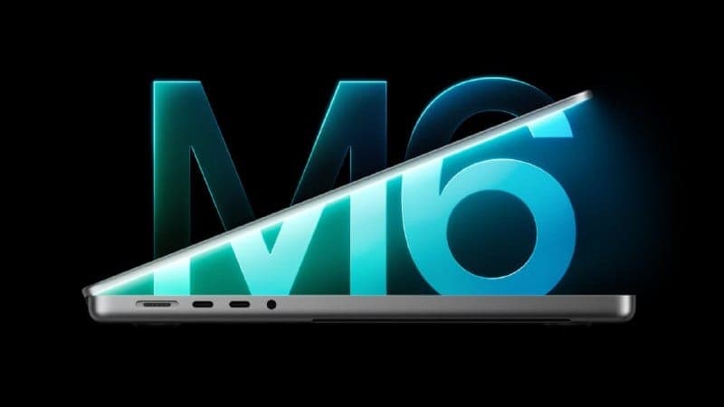 A silver laptop, shown in side profile against a black background, with its screen tilted so that glowing cyan-to-teal light spills across it. Large glowing text behind the laptop reads "M16" (the first character may be an M and the last character a 6; the design is stylized). It has the look of an Apple product promot