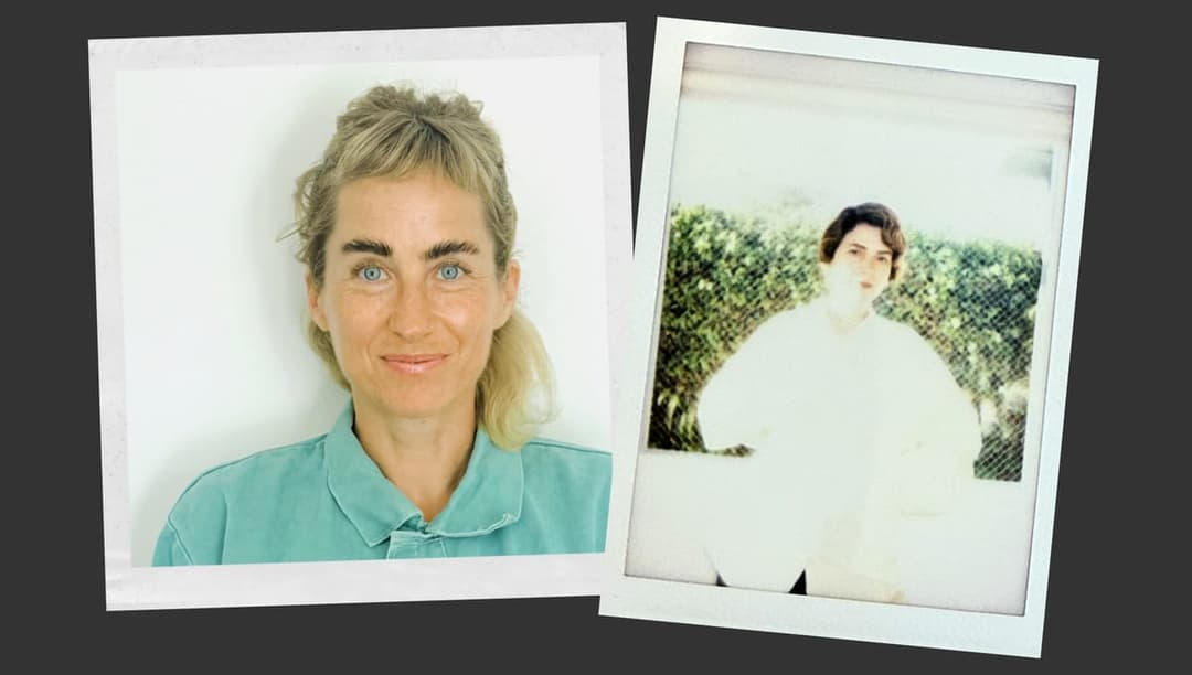 The image presents two photographs, one in color and one in color, placed side by side against a dark gray background. The left photograph shows a woman with blonde hair styled in a loose, slightly messy updo. She is wearing a light teal or turquoise collared shirt. The right photograph shows a woman with dark hair, we