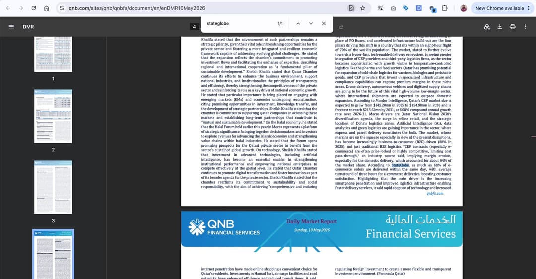 The image shows a webpage from QNB Financial Services, featuring a clean, professional layout with a black background. The webpage is divided into three sections: a navigation bar at the top, a sidebar on the left, and a main content area on the right. The main content area is a news report titled "State of the Global