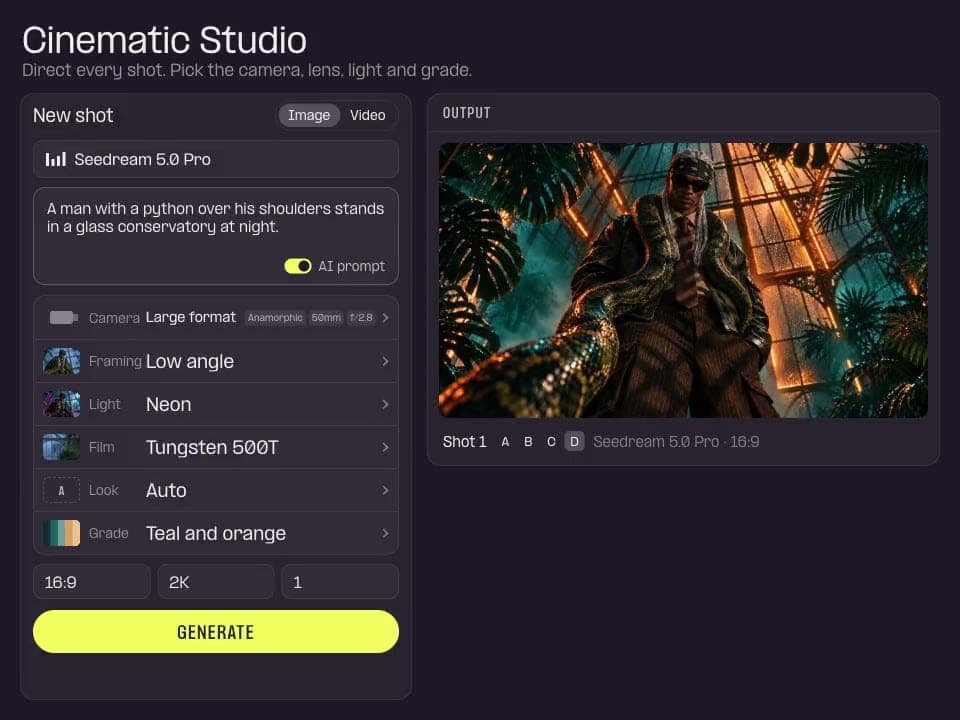 A "Cinematic Studio" UI showing the "New shot" panel with the Seedream 5.0 Pro model, a text prompt about a man with a python in a glass conservatory, camera, framing, light, film, look and grade settings, a yellow GENERATE button, and an output preview of a man with a snake in a neon-lit greenhouse. The Image/Video to
