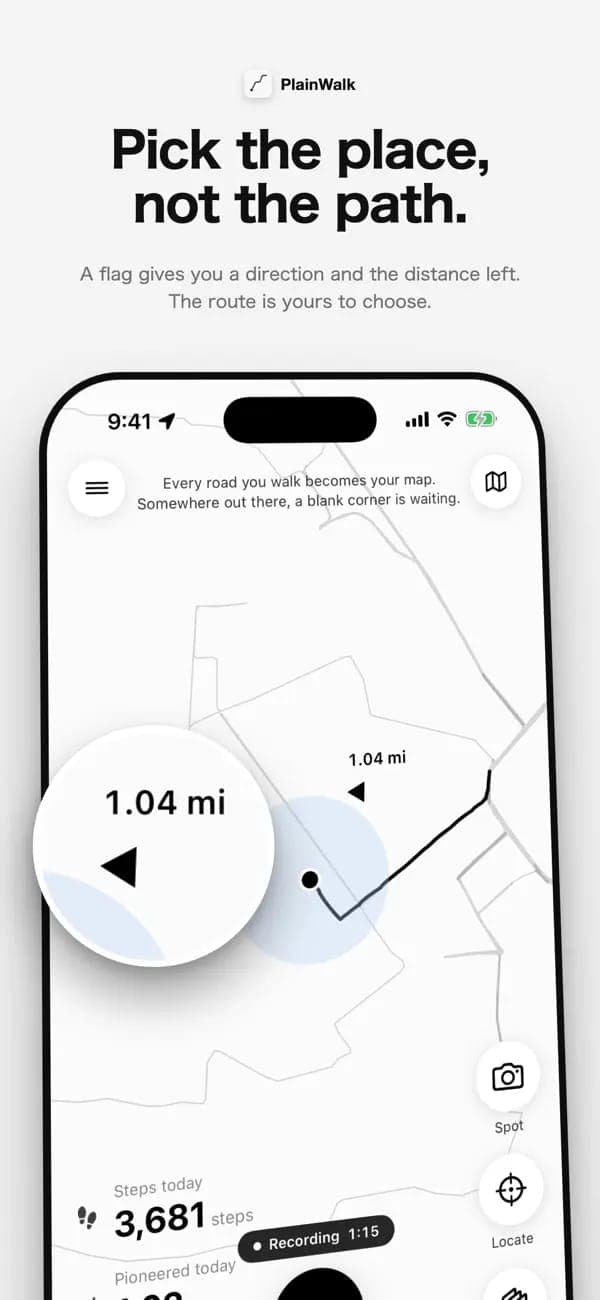 The image shows a smartphone displaying a map application called "PlainWalk". The map is primarily white with a light blue area in the center, and features a black border. A black circle with a white arrow is overlaid on the map, indicating a location. The map displays a distance of 1.04 mi and shows a route marked by