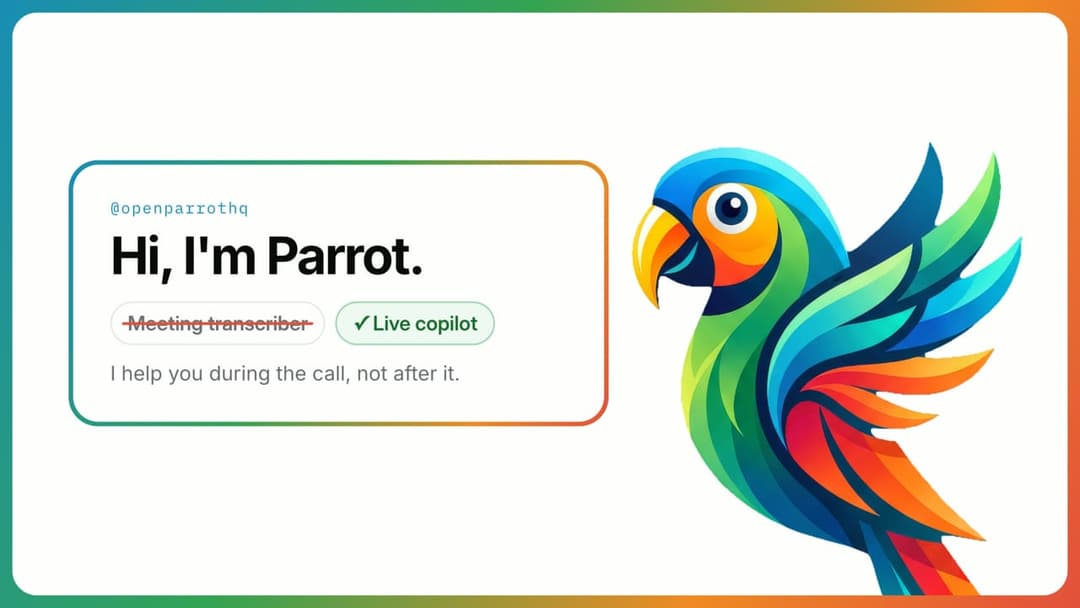 The image presents a vibrant and colorful bird, possibly a parrot, with a blue head and a mix of orange, green, and yellow feathers. The bird is positioned on the right side of the image, facing towards the left. On the left side, there is a message that reads "Hi, I'm Parrot. Meeting transcriber" and includes a checkb