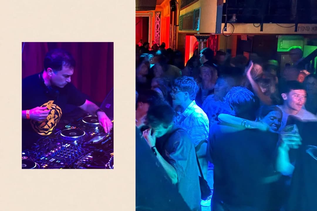 The image is a collage of two distinct scenes. On the left, a DJ is seen in a dimly lit room, wearing a black t-shirt with a graphic design and headphones. He is standing behind a DJ mixer, which is illuminated by a mix of purple and blue lights. On the right, a lively crowd of people is gathered in a room with a red a