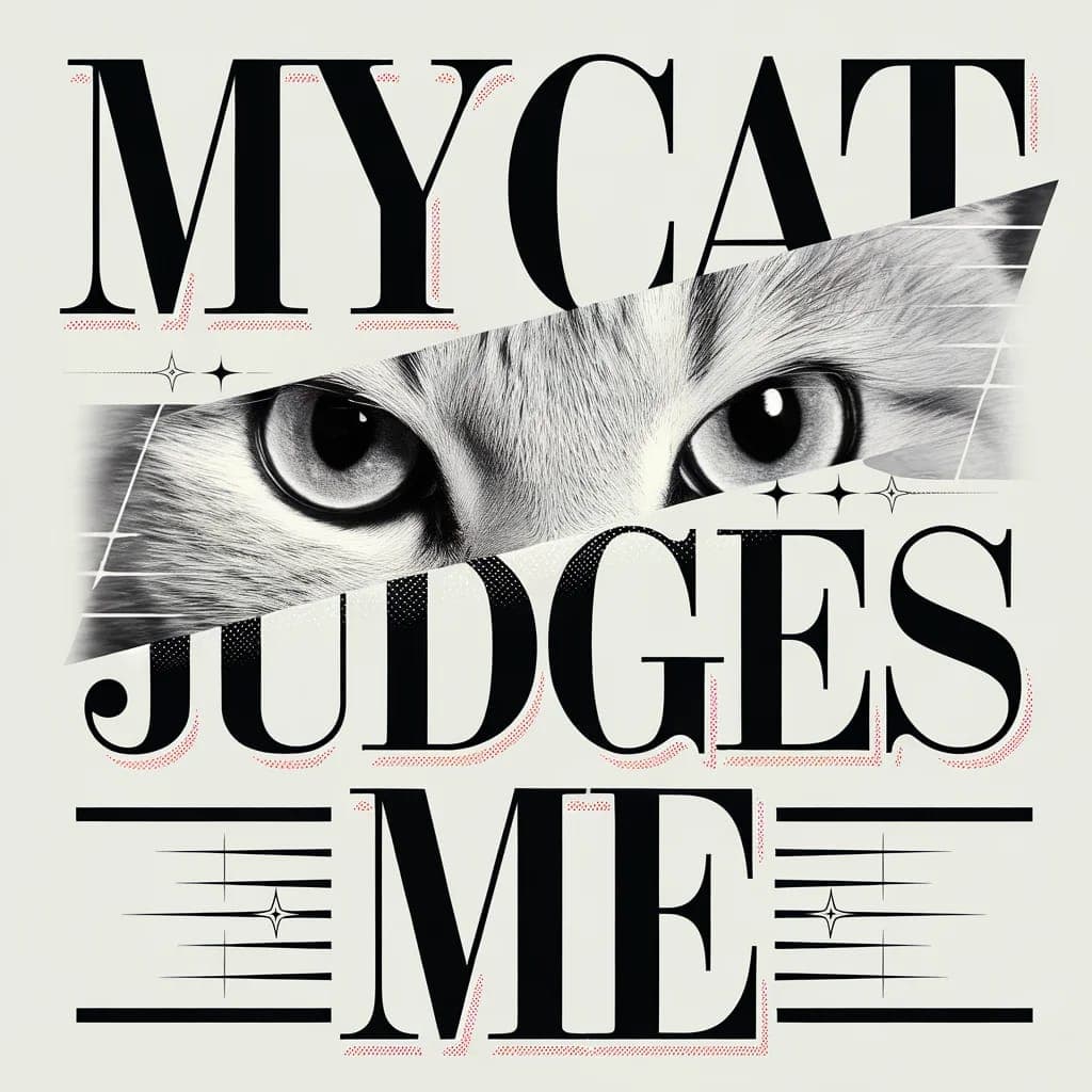 The image is a striking black and white graphic design featuring a cat's face. The cat's eyes are the central focus, with a portion of its face peeking out from the top right corner. The cat's fur appears to be a light gray or beige color. The design is composed of the words "MY CAT JUDGES ME" in a bold, sans-serif fon