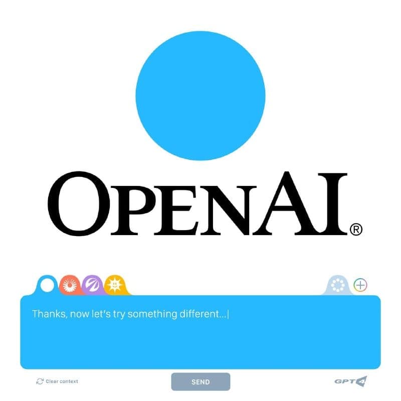 The image presents a digital interface with a clean, white background. Dominating the center is the word "OPENAI" written in bold, black letters. Above the word, a large blue circle is displayed. Below the word, a light blue rectangle contains a message that reads "Thanks, now let's try something different...". The mes