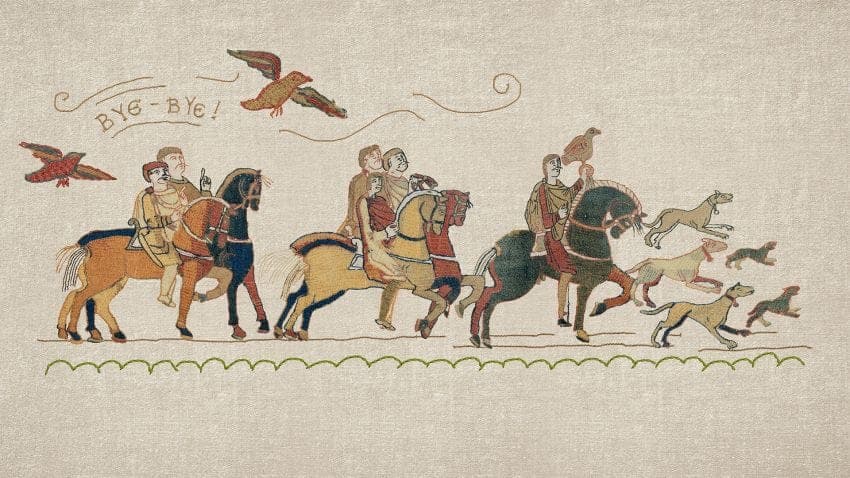 The image depicts a medieval scene with a group of people riding horses and a dog herding a flock of birds. The horses are adorned with various colors, including brown, black, and green, and the riders are dressed in a variety of colors, including brown, red, and white. The scene is set against a beige background with