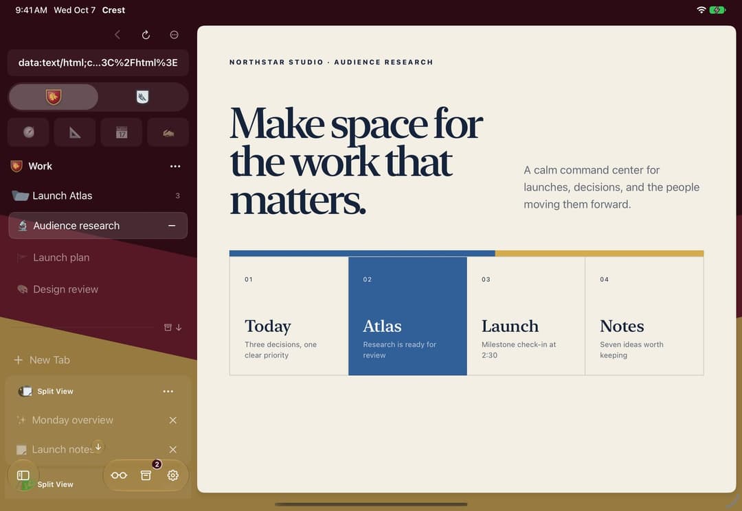 The image shows a tablet screen displaying a project management application. The application is titled "Northstar Studio - Audience Research" and features a clean, minimalist design with a dark gray/blue background. The main content area is divided into four sections: "Today", "Atlas", "Launch", and "Notes". The "Today
