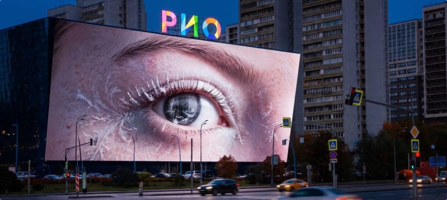 The image captures a large, vibrant billboard in the shape of a building, prominently displaying a close-up of a human eye. The billboard is illuminated by a variety of colors, including pink, blue, and yellow, and features a stylized eye design with a dark, possibly black, iris. The billboard is situated in an urban s
