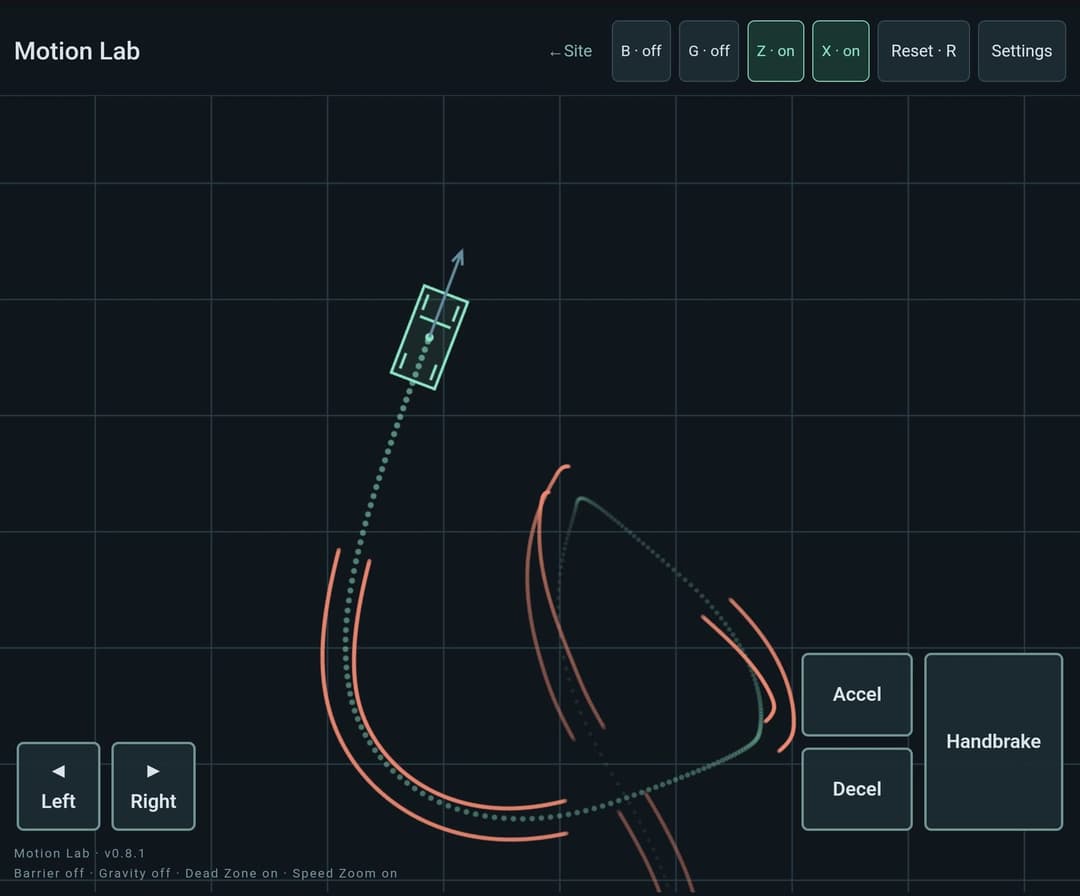 The image shows a motion control interface from the Motion Lab, a virtual laboratory for motion control applications. The interface is primarily dark gray or black with a grid pattern. A green arrow points to the right, indicating a direction of movement. A red line, representing a trajectory, is shown in motion, with