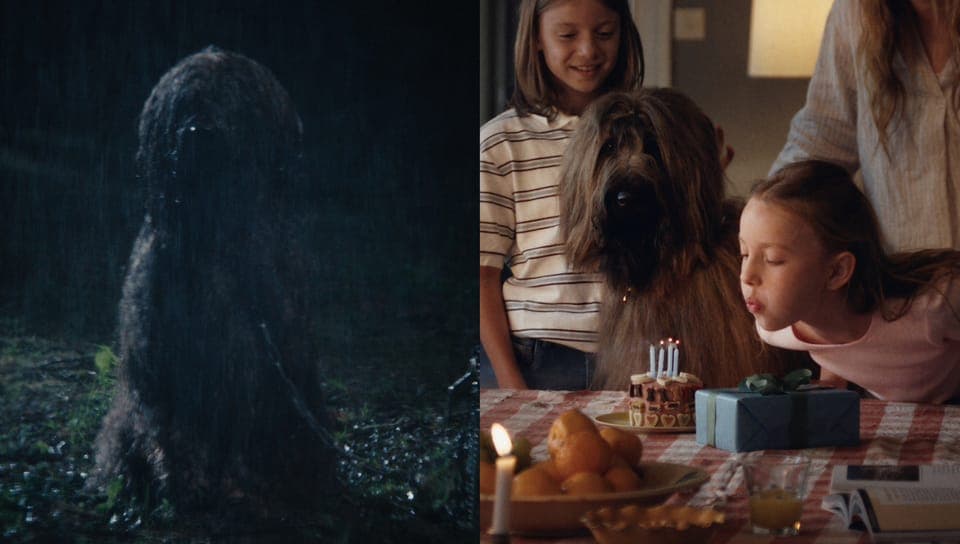 The image is a diptych, divided into two distinct sections. The left side depicts a scene of a dark, shadowy figure standing in a dark, possibly rainy, outdoor setting. The right side shows a young girl blowing out candles on a small, decorated cake placed on a table covered with a red and white checkered tablecloth. T