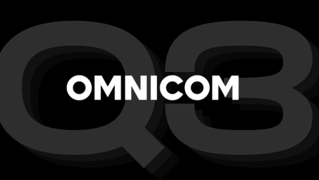 The white word "OMNICOM" sits over a large dark gray "Q3" with drop-shadow layers on a black background.