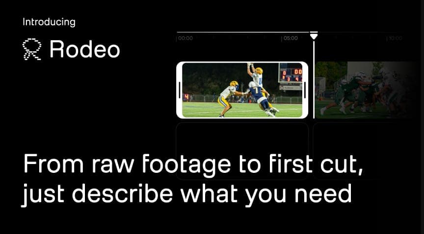 The image is a screenshot of a video player interface, likely from a video editing or streaming application. The interface is predominantly black, with a white "Rodeo" logo in the top left corner. A video player is playing a football game, with a player in a blue uniform and a player in a yellow uniform in the foregrou