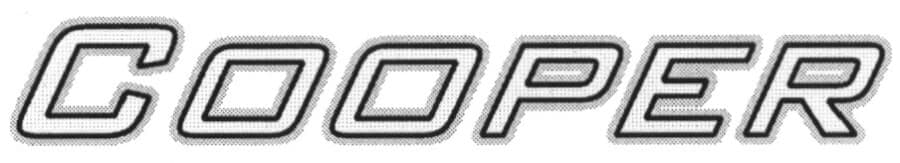 The image presents a striking black and white logo. Dominating the frame is the word "COOPER", written in a bold, sans-serif font. The letters are outlined in black, creating a stark contrast against the white background. The letters are slightly tilted to the right, adding a dynamic element to the composition. The log