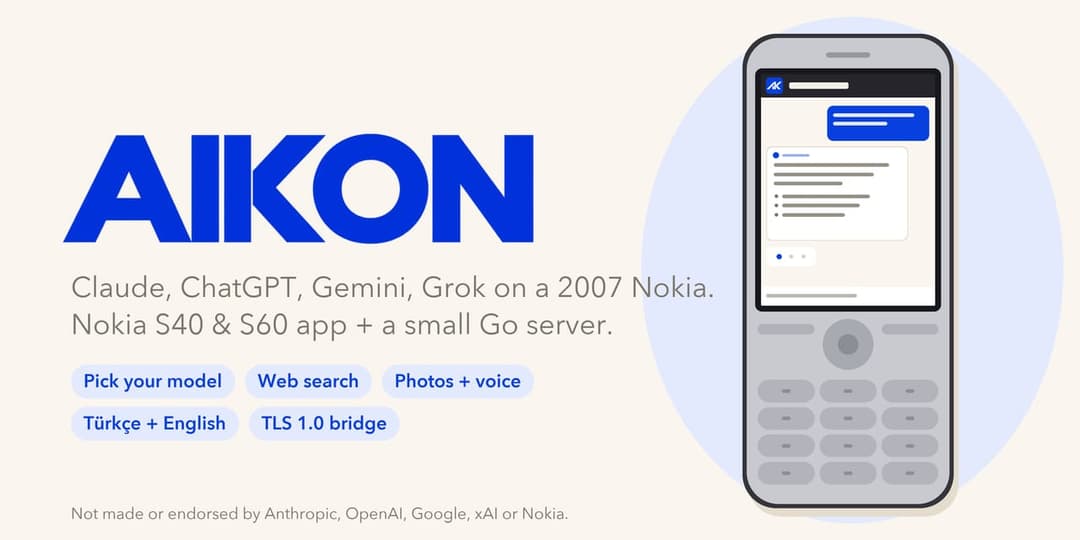 The image presents a Nokia phone, likely a Nokia S40 or S60, with a blue and white color scheme. The phone is shown in a landscape orientation, with the screen displaying a chat window. The chat window shows a conversation between two people, with one person's name "Claude" and the other's name "Gemini" visible. The ch
