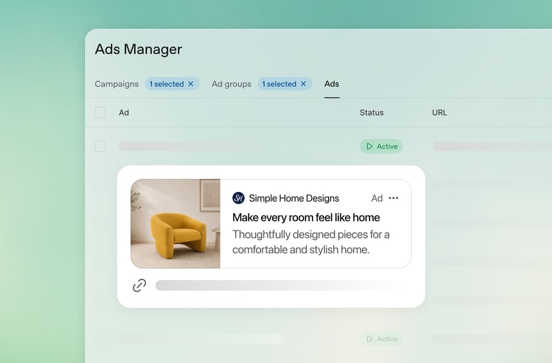 The image shows a screenshot of an ads manager interface. The interface is primarily white with a light green background. At the top, there are three tabs: "Campaigns", "Ads", and "Status". Below the tabs, there are two columns: "Ad" and "Status". The "Ad" column contains a list of ads, with each ad having a "Status" o