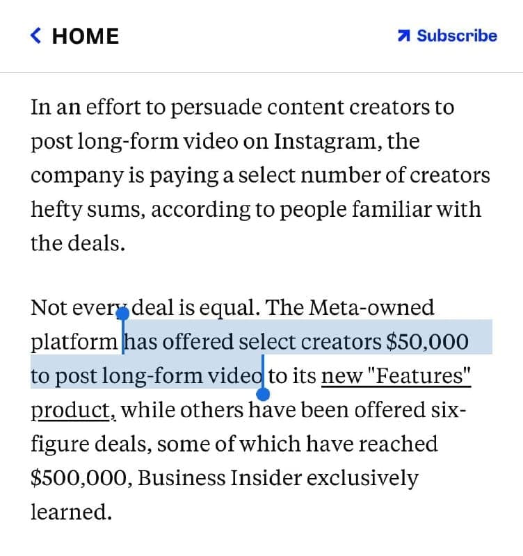 A screenshot of a news article page with a white header showing a "< HOME" link and a blue "Subscribe" button. The body text, in black serif font, reports that Meta pays select creators to post long-form video on Instagram, and that one offer was $50,000 for its "new 'Features'" product, with some six-figure deals reac