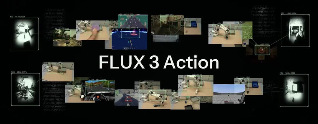 The image presents a collage of screenshots from a Flux 3 Action game, showcasing various scenes and objects within the game world. The collage is organized into a grid of nine rows and three columns, with each cell containing a screenshot and a label. The screenshots depict a variety of scenes, including a car driving