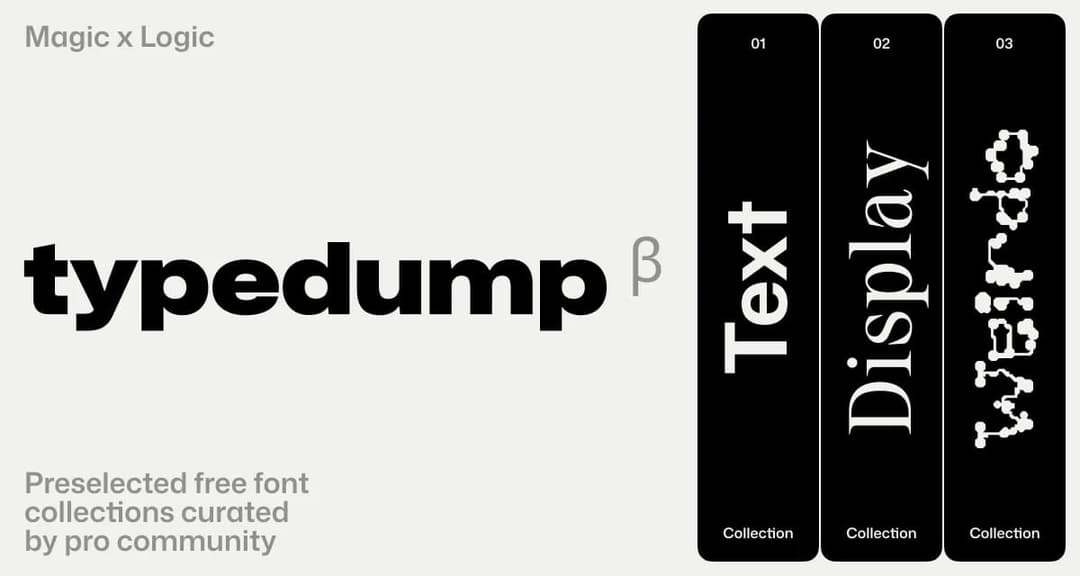 The image presents a minimalist design featuring a black and white color scheme. Dominating the center is the word "typedump" in a bold, sans-serif font, rendered in black. To the right of the word, three vertical black bars, each labeled with a number (01, 02, 03), are stacked vertically. The first bar is labeled "Tex