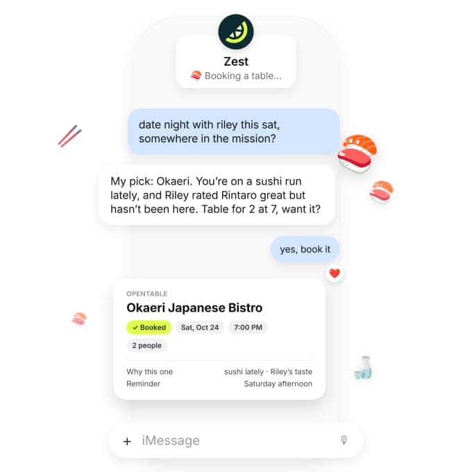 A phone-style chat from the Zest app shows a sushi recommendation for Okaeri and a confirmed OpenTable booking card for Okaeri Japanese Bistro, Sat, Oct 24 at 7:00 PM for 2 people. Sushi and chopstick emojis decorate the sides.