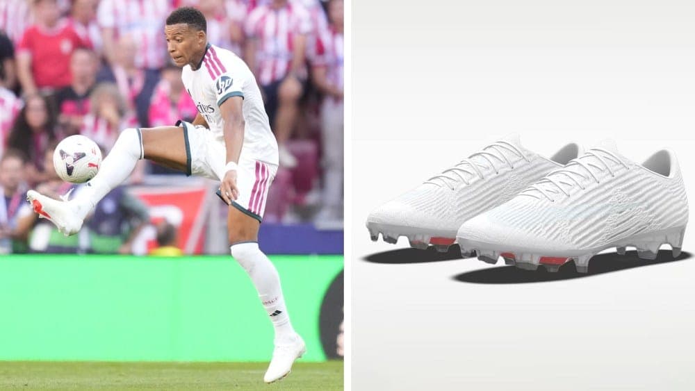 The image is a split image, with the left side showing a soccer player in mid-kick, wearing a white jersey with pink and blue accents and white shorts. The right side displays a pair of white soccer cleats with pink accents, positioned on a white surface. The cleats appear to be a type of high-top soccer cleat.