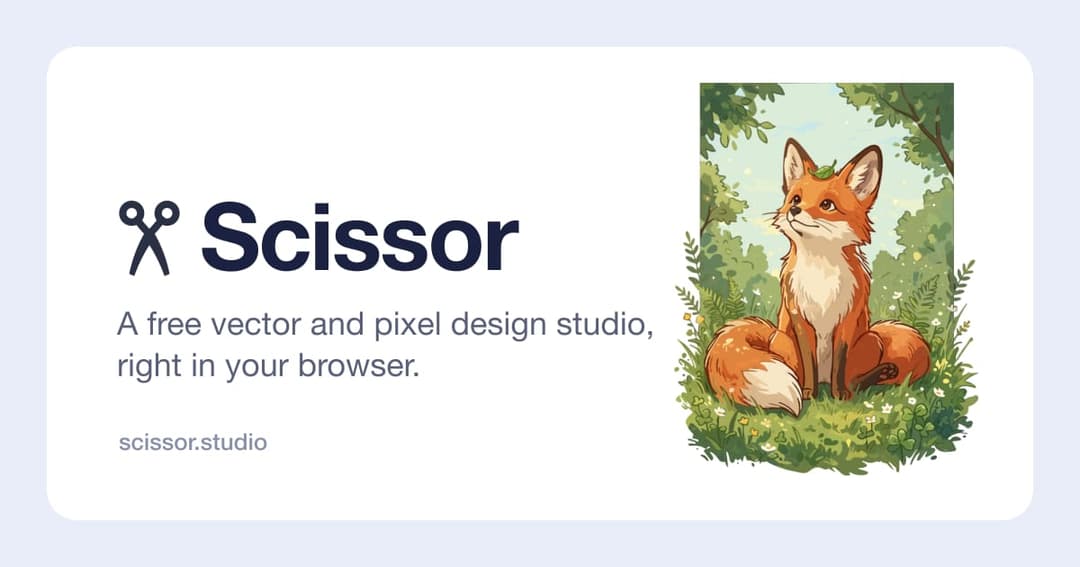 The image is a digital advertisement for a design studio named "Scissor". The studio is described as a "free vector and pixel design studio" and is available for download in the browser. The advertisement features a vibrant illustration of a fox sitting in a grassy field with trees in the background. The fox is depicte