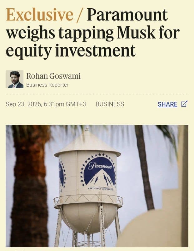 The image is a screenshot of a news article from September 23, 2016, published by Paramount. The headline reads "Exclusive / Paramount weighs tapping Musk for equity investment". The article is written by Rohan Goswami, a Business Reporter. The article is dated September 23, 2016, at 6:31 pm and includes a small image