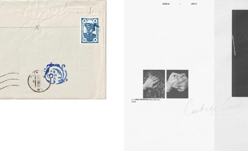 The image shows a close-up view of a cream-colored envelope with a blue postmark and a white stamp featuring a blue and white design. The envelope is sealed with a white post-it note. The text "ARHA ARCHAEOLOGY" is visible on the envelope. The image also includes a photograph of two hands, possibly belonging to the sam
