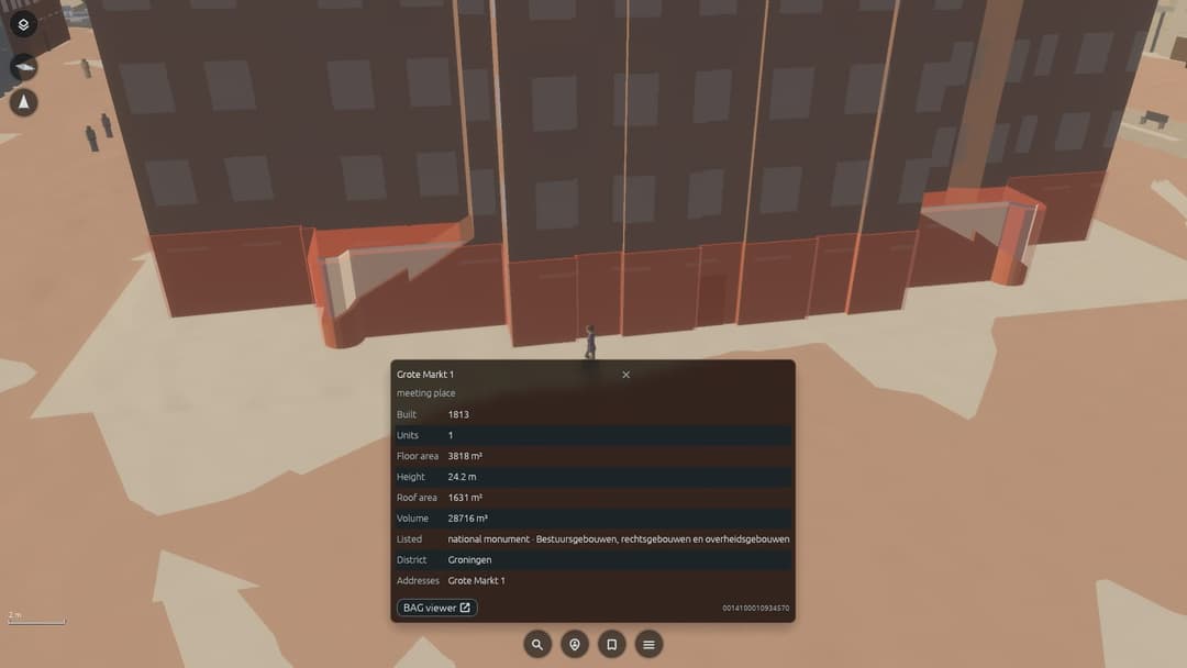 The image shows a screenshot of a mobile application interface, likely for a game or simulation. The interface is dominated by a large, brown building with a reddish-brown roof, situated in a cityscape. The building has multiple windows and a visible entrance. The interface is divided into sections, including a "Meetin