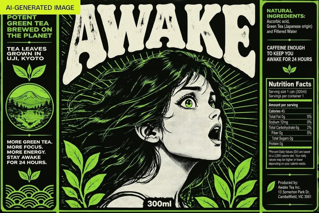 The image is a vibrant and eye-catching label for a product called "AWAKE". The label is predominantly black and green, with a striking illustration of a woman's face in the center. The woman's hair is depicted in shades of green and black, and she is wearing a dark-colored top. The label features a large, stylized wor