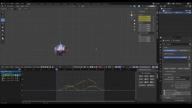 The image shows a scene from a 3D modeling software, likely Blender, with a dark gray background. A purple sphere is positioned in the center of the scene, and a red line extends from it, suggesting a path or trajectory. The software interface is dark gray, with various tools and menus displayed. A graph with a yellow