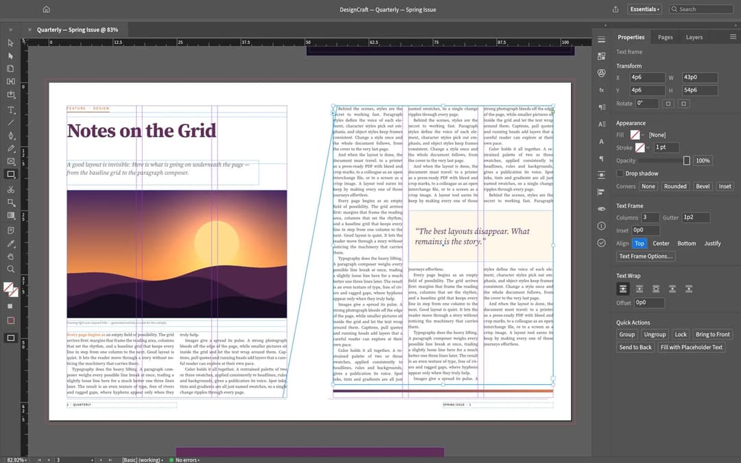 The image shows a screenshot of a design software interface, likely Adobe InDesign, displaying a design project in progress. The project is titled "Notes on the Grid" and is currently in the "Notes" tab. The design is a layout for a magazine or book, with a background image of a sunset over a landscape. The layout is d