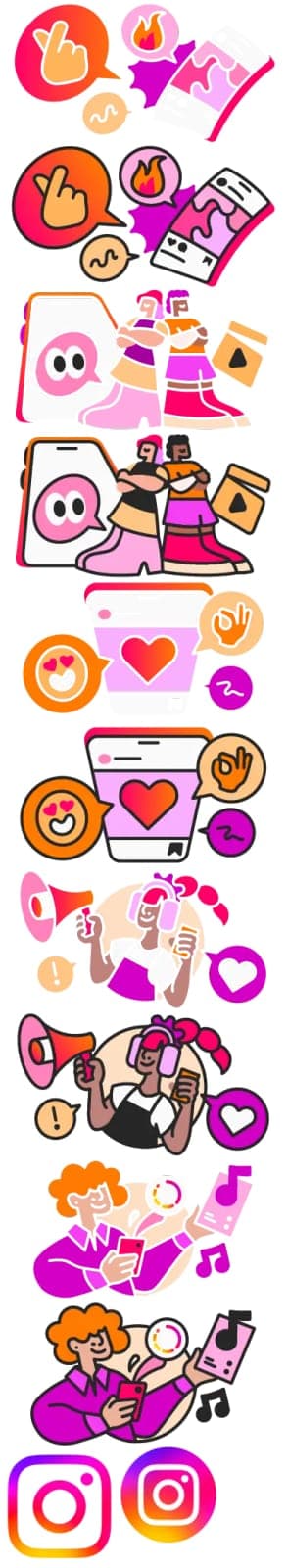 The image is a vibrant collage composed of various pink and orange objects, each with a unique design, arranged in a vertical line against a black background. The objects include a pink and orange piggy bank, a pink and orange book, a pink and orange phone, a pink and orange cup, a pink and orange megaphone, a pink and