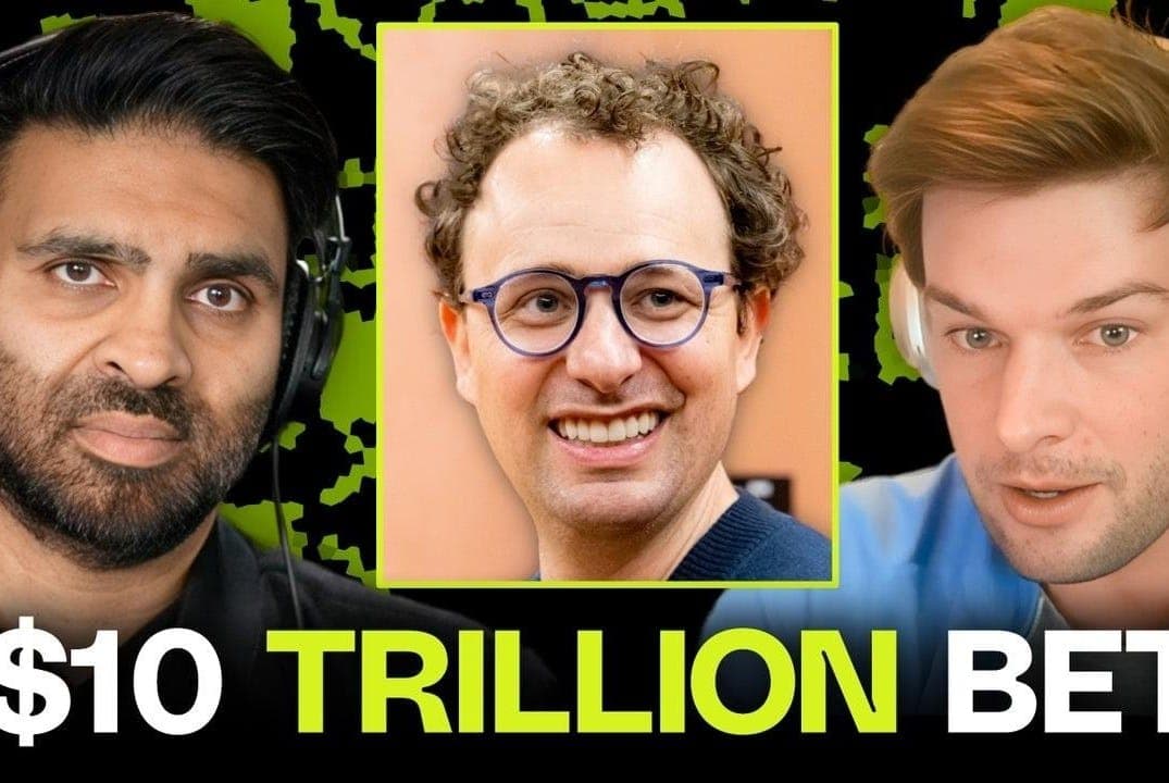 A collage with two men wearing headphones on the left and right edges and a framed inset of a smiling man with curly hair and blue-rimmed glasses in the center, on a black background with lime-green accents. The partly cropped headline reads "$10 TRILLION BET".