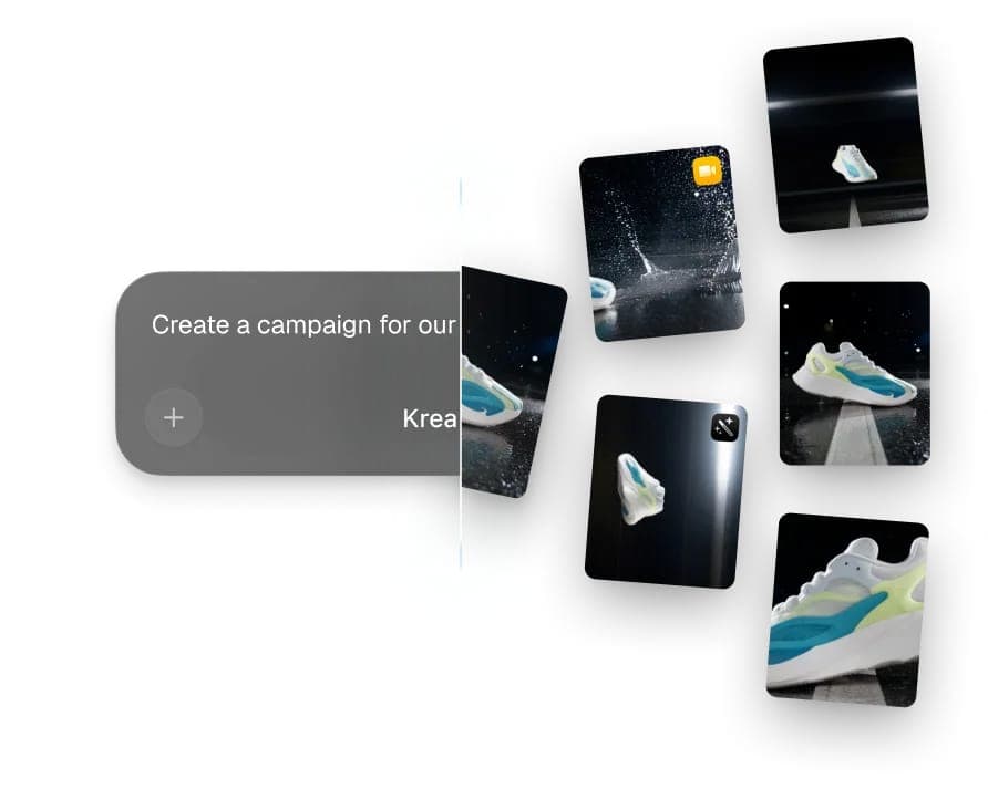 The image is a screenshot of a mobile app interface. The main part of the screen is a dark gray/black rectangle with a white text box that reads "Create a campaign for our Krea". The text box is surrounded by a white border. Below the text box, there are three smaller images, each featuring a different image of a sneak