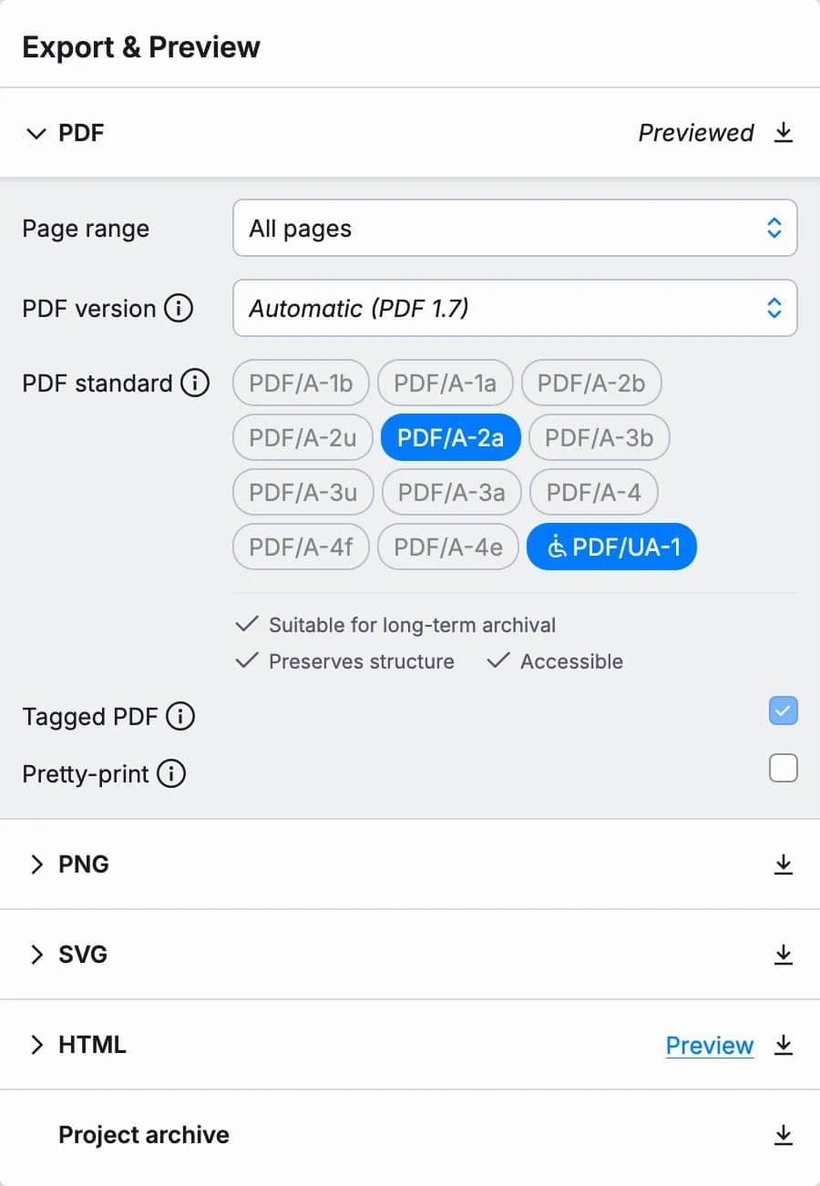 The image shows a screenshot of a PDF file with a page range of All pages. The PDF version is set to Automatic (PDF 1.7). The PDF standard is set to PDF/A-1b. The page range is set to All pages. The tagged PDF is set to Pretty-print. The project archive is set to Preview. The page range is set to All pages. The PDF ver
