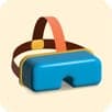 The image presents a 3D rendering of a pair of blue virtual reality goggles. The goggles are encased in a brown strap with a yellow buckle, and the strap is attached to a larger brown strap with a peach/orange handle. The goggles are positioned in the center of the image, facing towards the right side. The goggles are
