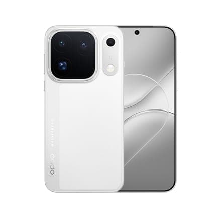 The image shows a white Oppo smartphone with a unique design. The phone has a square camera lens at the top, flanked by two smaller lenses, and a curved edge at the bottom. The Oppo logo is visible on the side of the phone. The phone is positioned against a white background, with the camera lens facing upwards. The cur