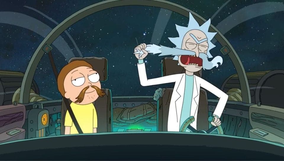 The image depicts two characters from the animated series "Rick and Morty" in a spaceship cockpit. The character on the left is a man with a mustache and light brown hair, wearing a yellow shirt. The character on the right is a man with a large white beard and blue eyes, wearing a white lab coat and light blue shirt. H