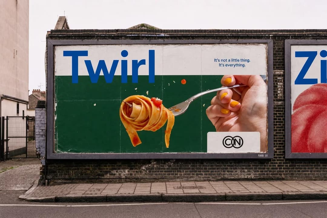 The image shows a billboard advertisement for "Twirl" and "CN". The billboard is mounted on a brick wall and features a vibrant green and white color scheme. The main focus is a close-up of a hand holding a fork with spaghetti on it, with the text "It's not a little thing. It's everything." written above the image. The