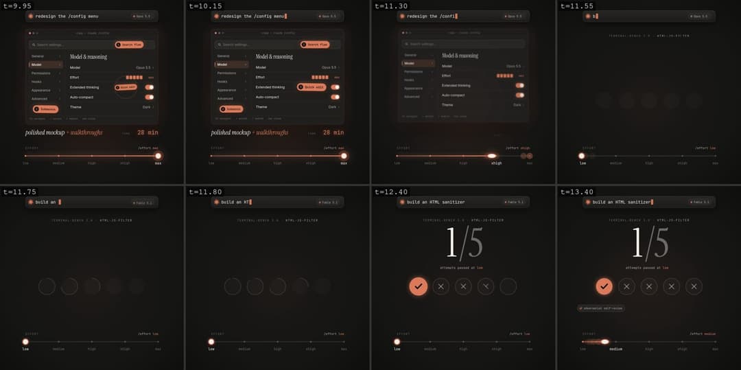 The image presents a collection of six screenshots, each showcasing a different stage of a web development process. The first screenshot displays a search bar with the query "redesign config menu" and a search bar with the query "polished mockup walkthroughs". The second screenshot shows a search bar with the query "re