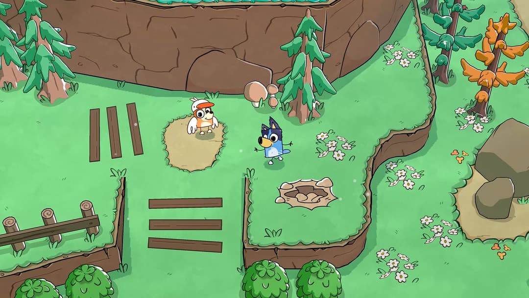 The image depicts a vibrant, cartoon-style landscape with a large brown cliff in the background. A small blue dog with a white collar and a red/orange hat is standing near a small, light brown hole in the ground. A wooden fence is visible in the foreground, and a small pile of logs is near the dog. The landscape is fil