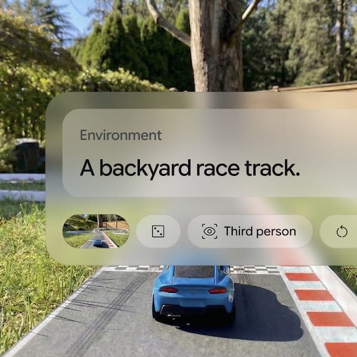 A phone-style interface shows a blue toy race car on a miniature backyard track, with a translucent panel reading "Environment" and "A backyard race track." Below are chips for a thumbnail preview, a dice icon, and a "Third person" camera-view option.