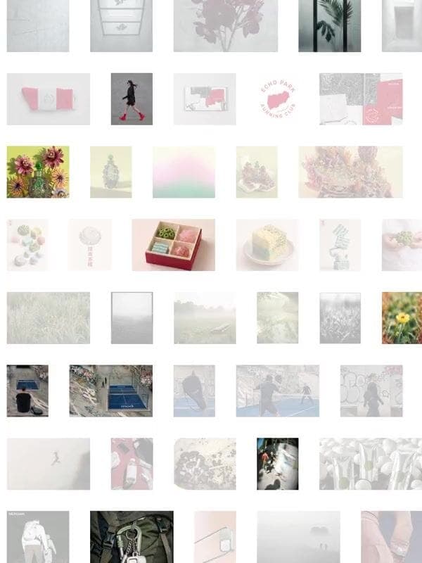 The image presents a grid of 16 square images, each with a unique color palette and style. The images are arranged in a 4x4 grid, with a small gap between them. The top row features a white wall, a pink and white striped object, a black and white striped object, and a black and white striped object. The middle row incl