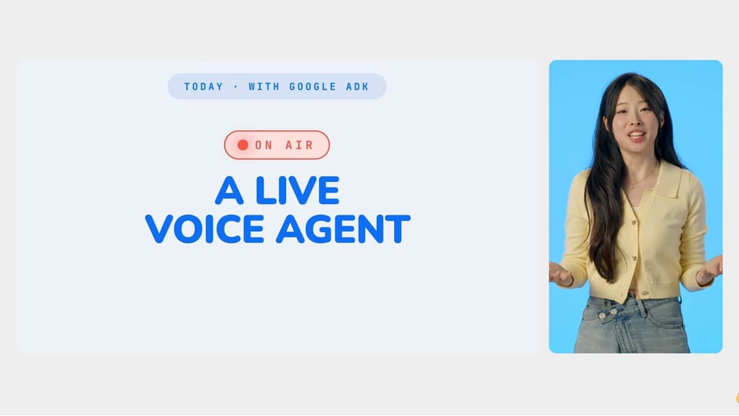 The image shows a woman with long, dark hair wearing a yellow cardigan and blue jeans. She is standing against a vibrant blue background, with her arms outstretched. The image is part of a larger advertisement or promotional material for a live voice agent. The text "A LIVE VOICE AGENT" is prominently displayed in whit
